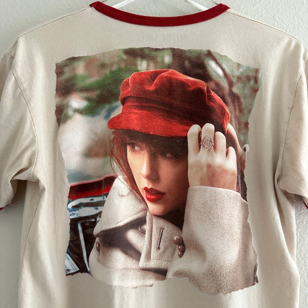 Taylor Swift Ringer T-Shirt Womens M Cream Red Taylors Version Album Graphic Tee